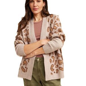 Maurices Leopard Print Cropped Open Cardigan Sweater 1X Tan Brown Soft Knit NWT